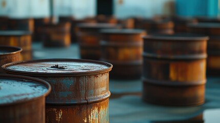 Group of rusty oil barrels in an outdoor storage yard