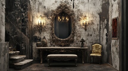 Forgotten Elegance inside a Derelict Baroque Hall with an Ornate Gilded Mirror and Vintage Furniture