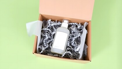 Fototapeta premium Overhead view of a gift box filled with white tissue paper and a clear spray bottle with a white label