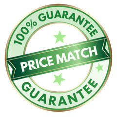 Green price match guarantee badge with stars and a ribbon design.