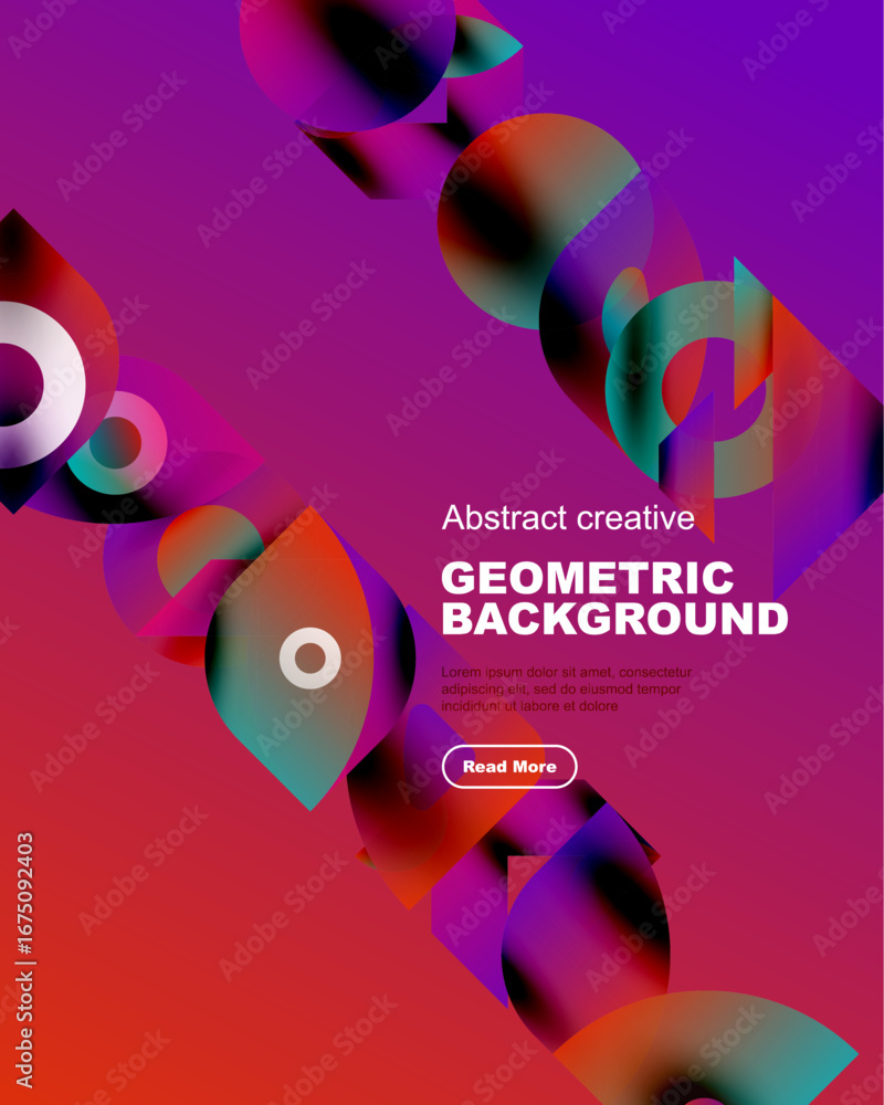Poster vibrant abstract composition. fluid shapes overlap, creating dynamic gradients. text promotes geomet
