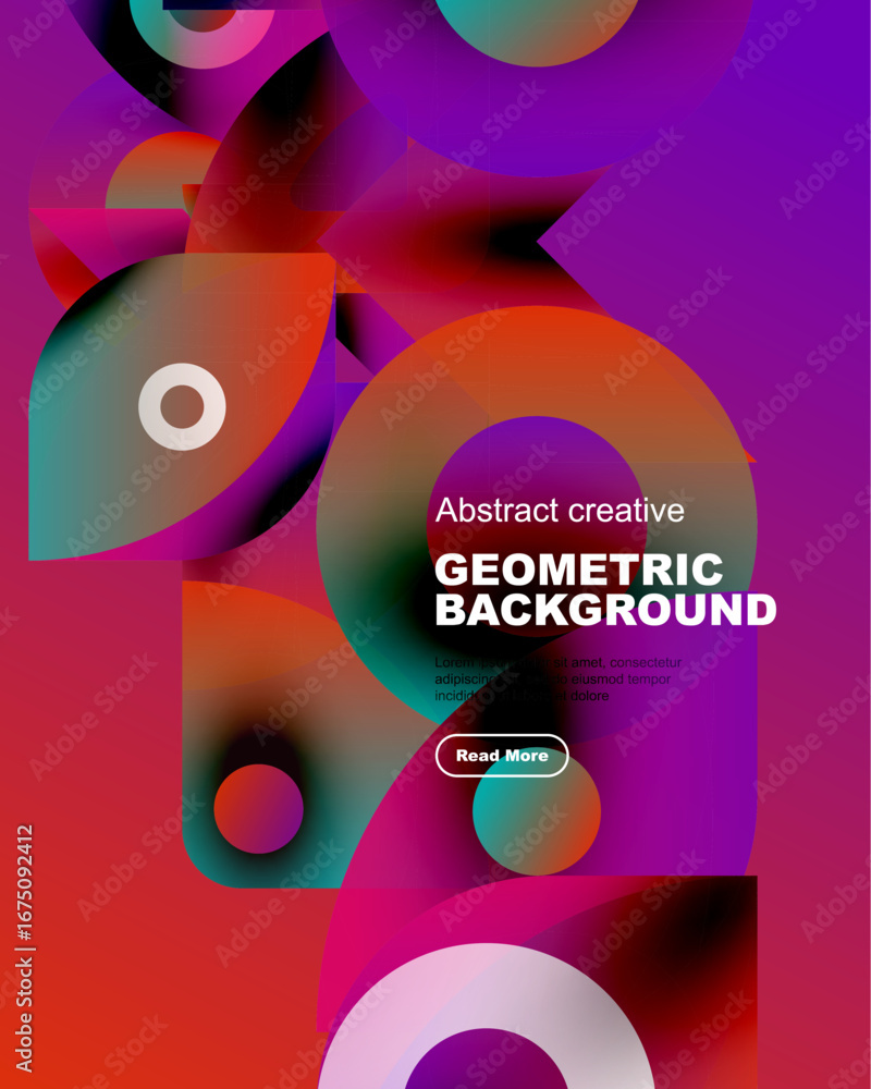 Poster vibrant abstract composition. overlapping circles create dynamic visual effect. text promotes furthe