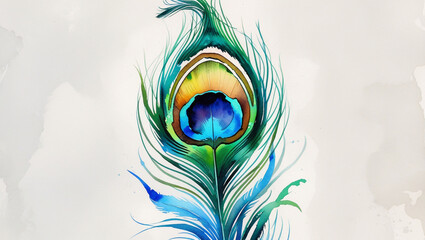Obraz premium Watercolor peacock feather art illustration design drawing painting colorful vibrant artistic detail