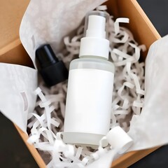 White pump bottle of skincare product nestled in a gift box with shredded paper and a black stone