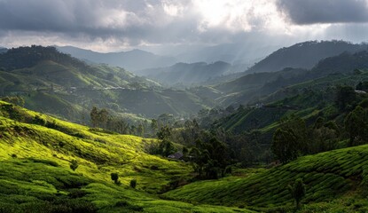 Fototapeta premium Lush green tea hills under dramatic sky