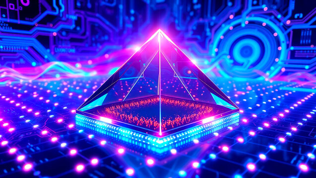 Futuristic glass pyramid floating on digital grid glowing reflections cyber technology abstract background
