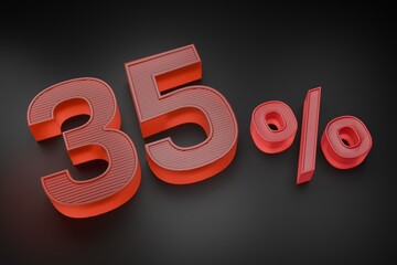Thirty five Percent Design (35%). Glassy Red number on Black Background