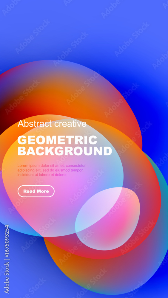 Poster vibrant abstract shapes overlap, creating dynamic colorful background. text block present with butto