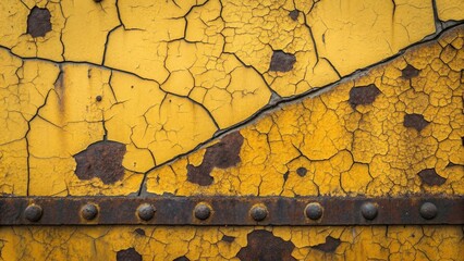 Close up of weathered yellow metal surface with cracked paint and rust