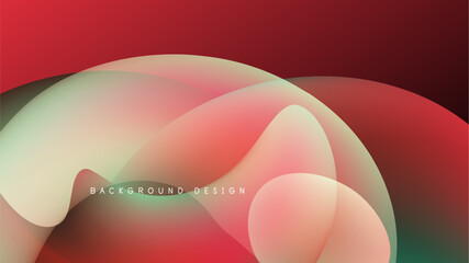 Abstract fluid shapes blend, creating vibrant red, green, peach gradients. Dark background emphasizes flowing forms, modern design.