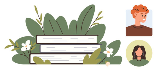 Stack of books surrounded by green leaves and small flowers, accompanied by two user profiles. Ideal for knowledge sharing, education, reading, teamwork, growth, collaboration, simple flat metaphor