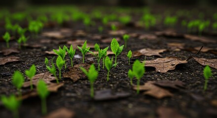 A close-up of vibrant new plant sprouts emerging from fertile soil, symbolizing fresh beginnings and the renewal of nature in early spring