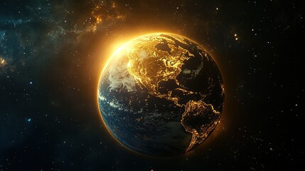 Fototapeta premium Earth illuminated like a radiant star in the vastness