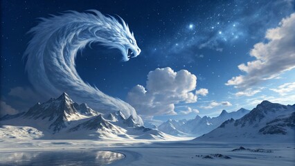 Majestic ice dragon soars through starry winter night sky