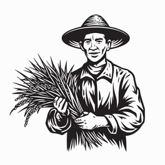 Asian Farmer Holding Bunch of Rice Harvest image vector isolated on white background