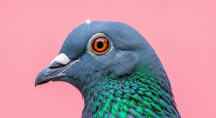 Iridescent Pigeon Portrait with Intense Orange Eye and Pink Background