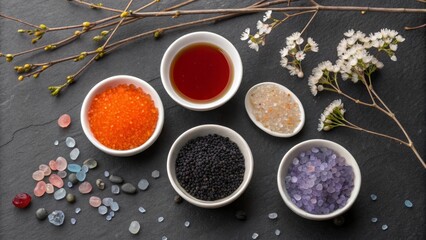 Assortment of caviar and spices with delicate blossoms and twigs