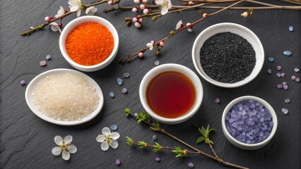 Five bowls of colorful ingredients and cherry blossoms on dark surface