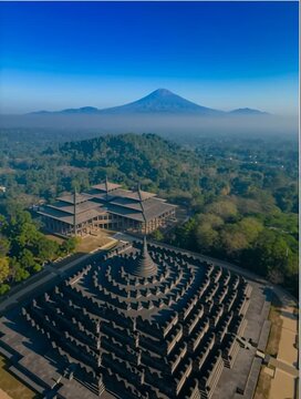 Borobudur Temple complex scenic aerial view in Indonesia under clear sky