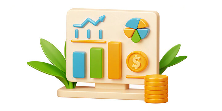 Financial dashboard illustration, showcasing the essence of modern data analysis in business and finance, with various charts, graphs and monetary symbols isolated on a white background