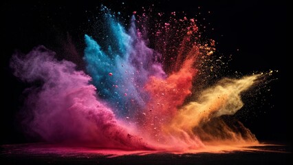 Vibrant explosion of colorful powder against a dark background