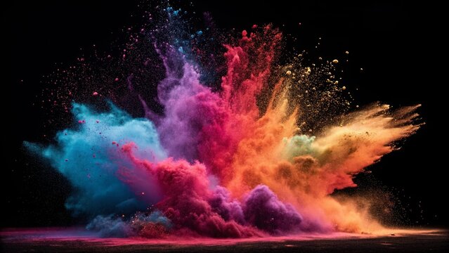 Vibrant explosion of colorful powder against a dark background