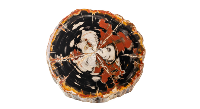Petrified wood slice isolated on transparent background, revealing ancient tree rings and unique mineral patterns, a captivating specimen of natural history