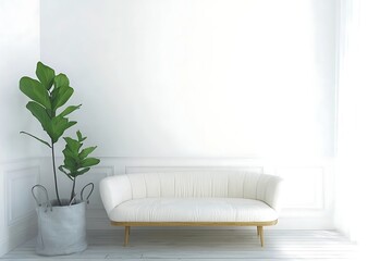 Cozy White Sofa with Green Plant in Bright Modern Interior Space