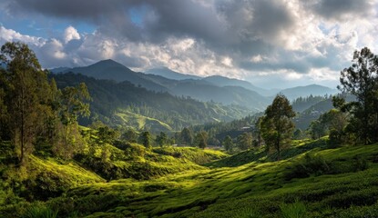 Fototapeta premium Lush tea plantation valley under dramatic sky