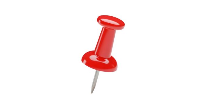 A shiny red push pin isolated on transparent background is ready to be used for office, school, or home projects and crafts, and for marking locations