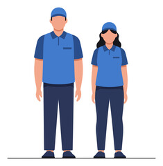 Two people in blue polo shirts and pants, likely delivery workers, standing side-by-side against a plain background.