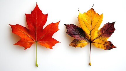 Two Maple Leaves on Pure White Background: Left Red Leaf (Green Stem), Right Yellow-Orange-Red-Brown Leaf (Brown Stem), Autumn Color Change
