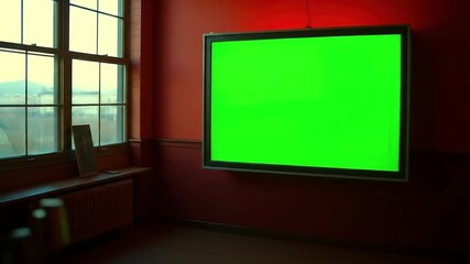 Interior view with a large green screen TV on a red wall and a window with an outdoor view - Powered by Adobe