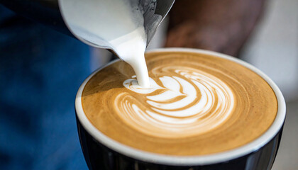 A hand of barista pouring milk to the latte art foam; close up macro shoot image