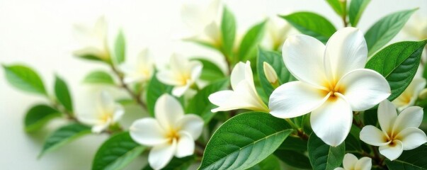 Obraz premium Elegant jasmine arrangement, lush green foliage, stark white backdrop , photography, vibrant, beauty