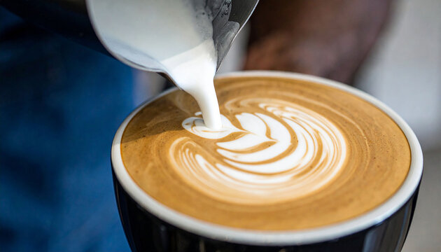 A hand of barista pouring milk to the latte art foam; close up macro shoot image