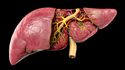 cross-section liver showing circulatory system connections high detail anatomy reference illustration concept scene visual for commercial design use high detail quality stock image illustration concep