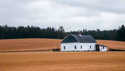 Classic white barn with a gambrel roof sits in a vast golden field under a dramatic cloudy sky