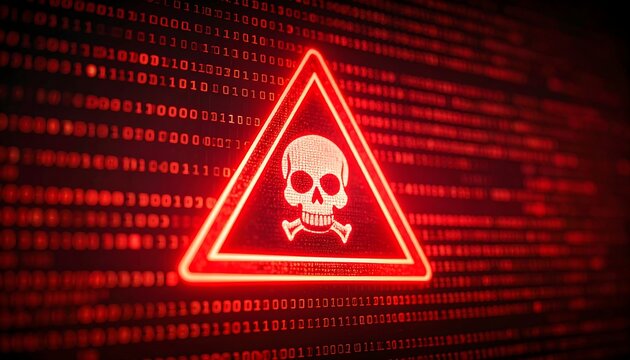 Red triangle warning symbol with skull and crossbones over binary code - Powered by Adobe