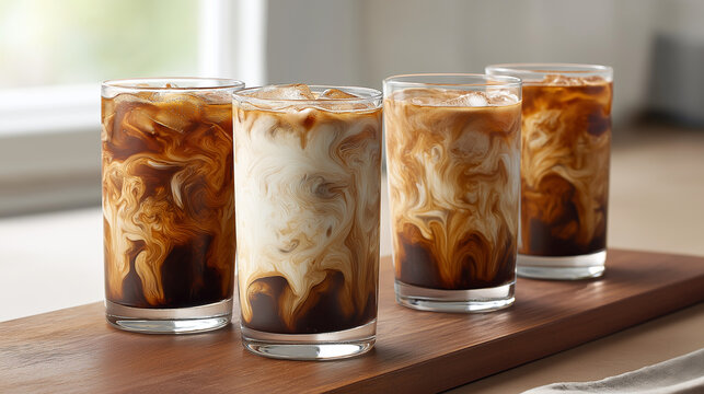 Iced coffee drinks with milk on a wooden board