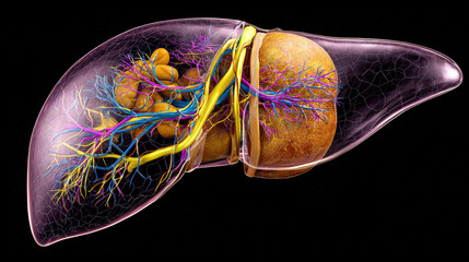 cross-section liver showing circulatory system connections high detail anatomy reference illustration concept scene visual for commercial design use high detail quality stock image illustration concep