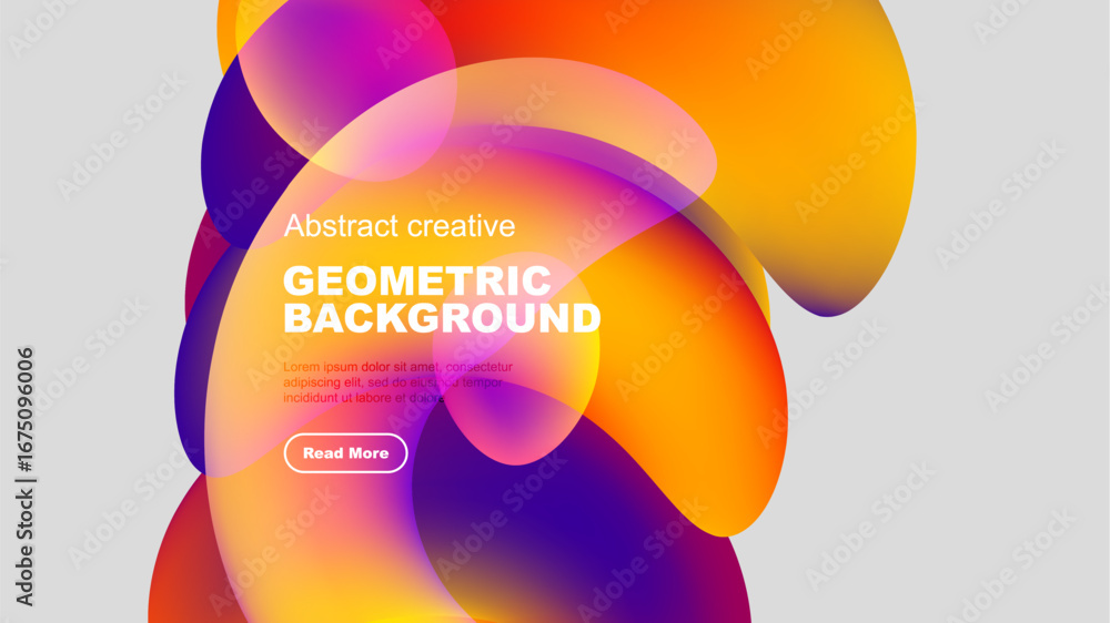 Poster vibrant abstract shapes overlap, creating dynamic colorful background. text block present with call 