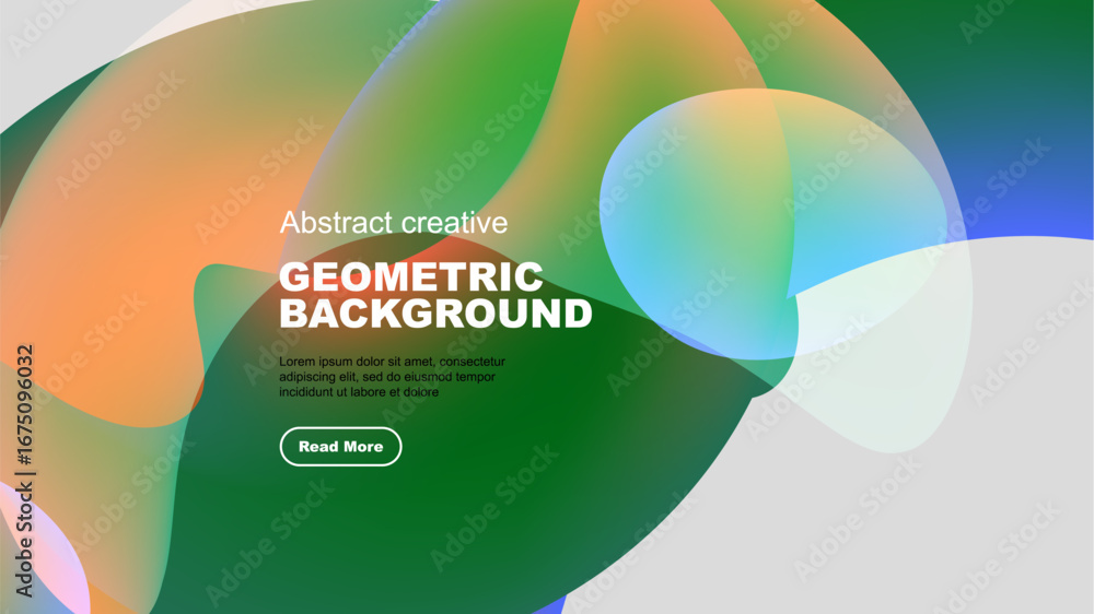 Poster abstract geometric background features overlapping colorful shapes, text, button. modern design, vib
