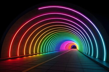 Vibrant rainbow neon tunnel with futuristic archway and glowing lights