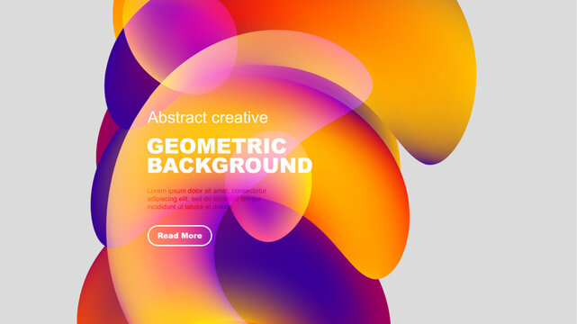 Vibrant abstract shapes overlap, creating dynamic colorful background. Text block present with call to action button.
