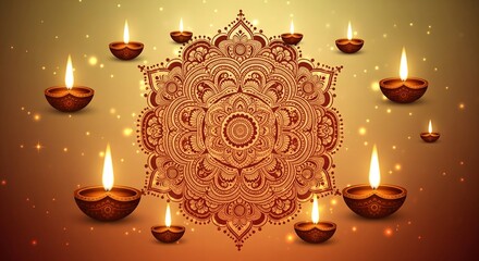 Illuminated diya lamps surround intricate golden mandala design