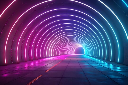 Futuristic tunnel with neon arches in pink and blue lighting - Powered by Adobe