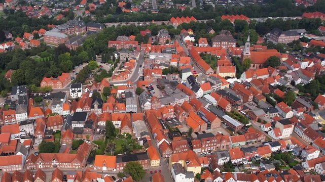 Aerial panorama of the downtown of the city Tonder in Denmark on a sunny summer day.