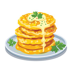 A stack of three golden brown corn pancakes with a pat of butter - Vector Illustration

