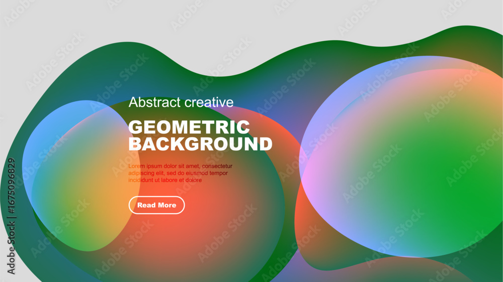 Poster abstract geometric background features vibrant overlapping shapes, text, button. modern design, colo